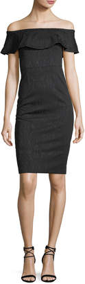 Donna Morgan Ruffled Off-the-Shoulder Jacquard Midi Dress