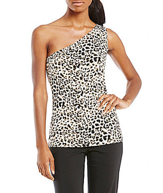 Calvin Klein Leopard Print Matte Jersey One-Shoulder Top