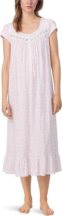Eileen West Cotton Knit Cap Sleeve Long Nightgown Women's Clothing White Ground Ditsy : XS
