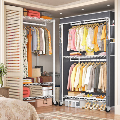 445lbs Rolling Clothes Rack With Cover, 81"h Adjustable Wire Portable Closets, Freestanding Wardrobe Closets With Wheels