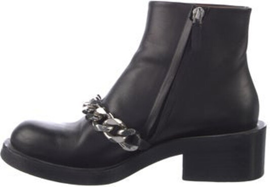 Givenchy Leather Ankle Combat Boots Black & Blue Round-Toes with Chain-Link Accents Concealed Zip Closure at Sides Designer