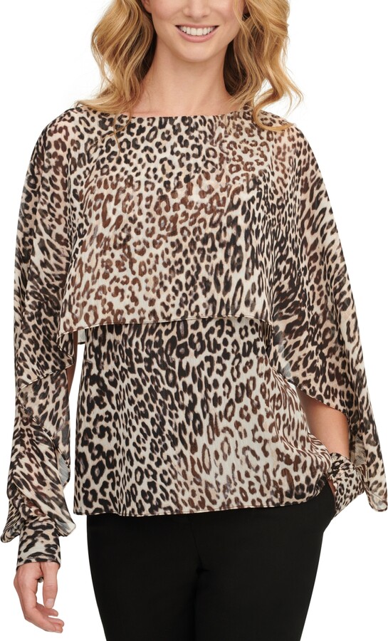 DKNY Petite Animal-Print Long-Sleeve Cape Top - ShopStyle