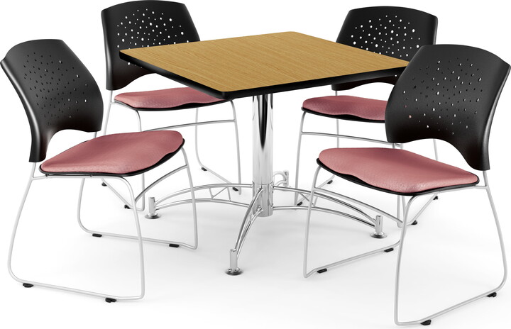 OFM Core Collection Breakroom Bundle, 36" Square Multi-purpose Table in Oak, 4 Stars Stacking Chairs in Coral Pink (PKG-BRK-014-0056)