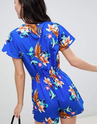 Brave Soul Wrap Front Playsuit In Hibiscus Print