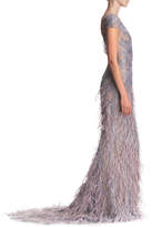 Thumbnail for your product : Marchesa Sleeveless Plunging Fully Beaded & Ostrich Feather Evening Gown