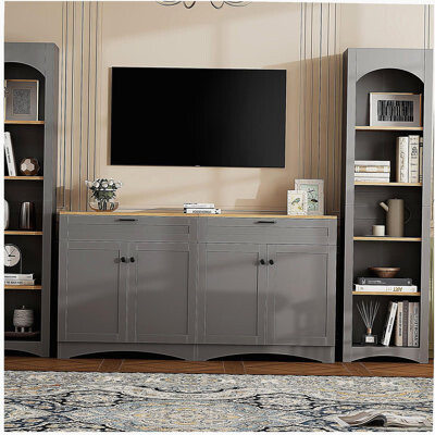 Latitude Run 3-piece country entertainment center with storage cabinet suitable for 70-inch TV medieval style TV cabinet with bookshelf country multi-functional