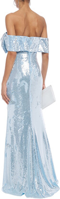 Badgley Mischka Off-the-shoulder Bow-embellished Sequined Tulle Gown