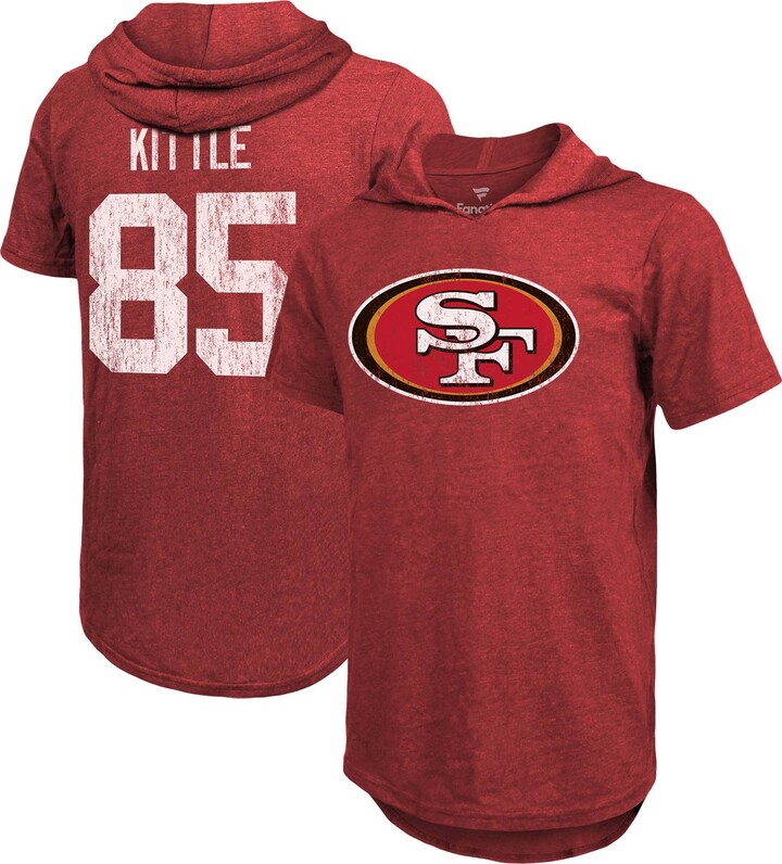 Men's Majestic Threads George Kittle Scarlet San Francisco 49ers Player Name & Number Tri-Blend Slim Fit Hoodie T-Shirt