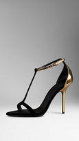 Thumbnail for your product : Burberry Velvet and Metallic Leather T-Bar Sandals