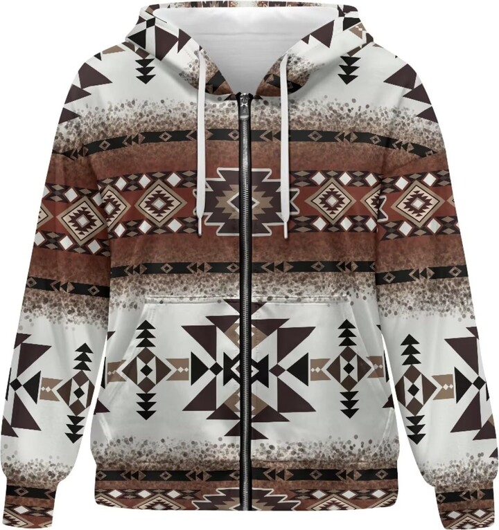 Suobstales Aztec American Tribal Geometric Print Womens Zip Up Hoodie Fall Sweatshirt Oversized Jacket Fall Clothes 2024 Winter Casual Pullover Y2K Top Clothes for Sports/Gym/Daily Wear
