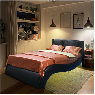 Faux Leather Upholstered Platform Bed Frame With Led Lighting, Bluetooth Connection To Play Music Control, Backrest Vibration Massage, Curve Design, W