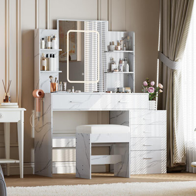 Makeup Vanity with Mirror, 6 Drawers & Shelves, Charging Ports, Hairdryer Holder & Stool, 3-Color Adjustable Lights for Bedroom, Marble White