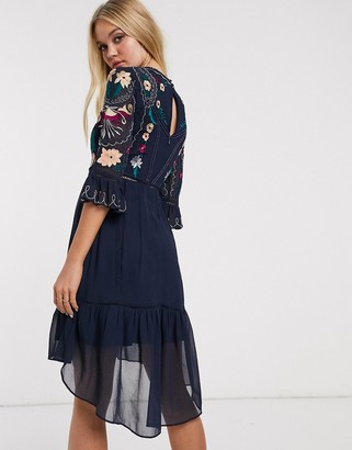 Frock and Frill 3/4 sleeve embroidered detail midi dress