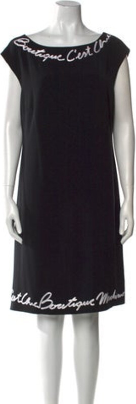 Boutique Moschino Shift Dress Black Embroidered Accent Short Sleeve with Bateau Neckline Concealed Zip Closure at Back
