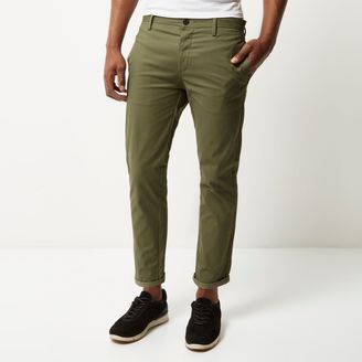 River Island Mens Green stretch cropped slim chino trousers