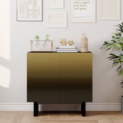 Latitude Run Modern Matte Black 2-Door Accent Cabinet With Gold Wire Mesh & Push-To-Open