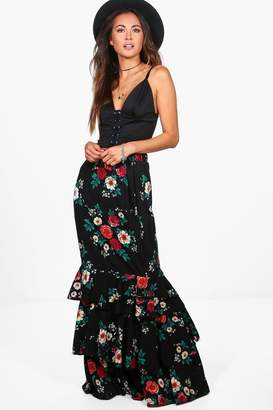 boohoo Lola Ruffle Hem Floral Woven Maxi Skirt