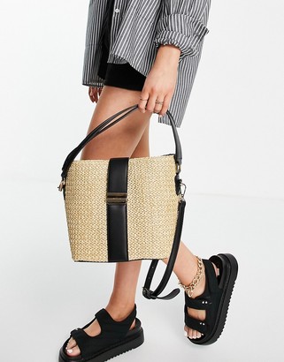 Forever New bucket bag with gold clasp in natural straw