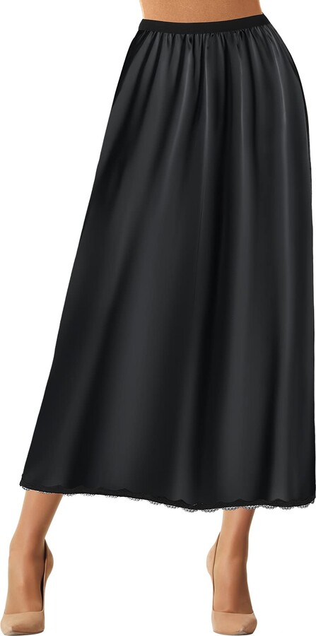 Jadive Women's Satin Half Slip Lace Long Underskirt Skirt Slip Long Slips for Dresses Lingerie