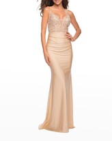 Thumbnail for your product : La Femme Lace & Jersey Laced-Back Gown