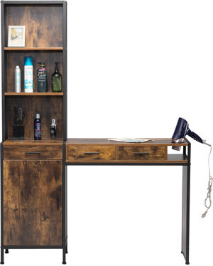 17 Stories Brawlin Vintage Brown Wooden Hair Styling Station - 3-Drawer Salon Storage Cabinet with Open Shelf & 3 Hair Dryer Holes, Perfect for Home Salon, Bathr