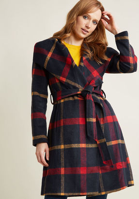 Belted Plaid Coat with Wide Collar in 4X - Fit & Flare Coat by ModCloth