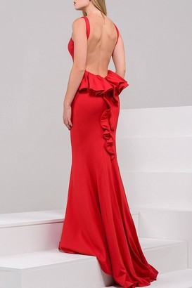 Jovani Fitted Backless Jersey Mermaid Dress with Ruffled Bustle JVN21899