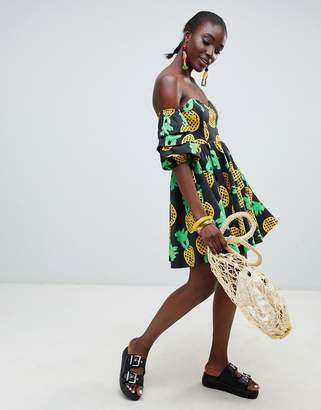 ASOS Made In Made In Kenya x Julie Adenuga Off Shoulder Dress In Pineapple Print