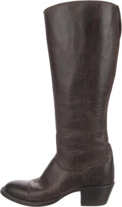 Lucchese Leather Knee-High Riding Boots Brown Semi-Pointed Toes Exposed Zip Closure at Sides Designer