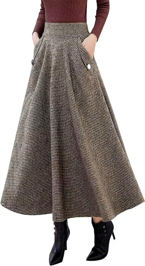 Gingham Midi Skirt Ebossy Women's High Waisted Houndstooth Plaid