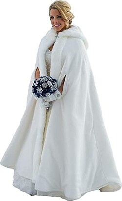 Soothbedding Wedding Hooded Cloak Bridal Cape Trim Full Length Thicken Cloak Faux Fur Winter Robes Hooded Bride with Armhole L White