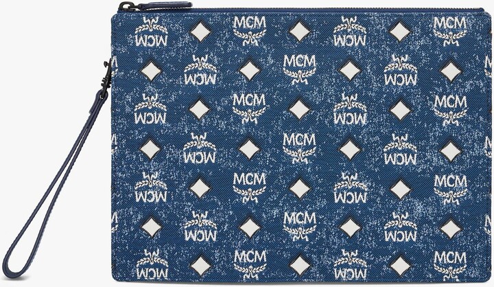 NWT MCM Grey Jacquard Visetos Pouch Clutch Bag Wallet Wristlet Limited  Edition
