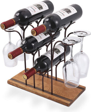 Red Barrel Studio Tabletop Wood Wine Holder Countertop Wine Rack Hold 4 Wine Bottles And 4 Glasses Perfect For Home Decor & Kitchen Storage Rack Bar Wine Cellar C