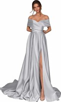 Thumbnail for your product : DELEND Women Sexy Off Shoulder Prom Dress Long Satin Party Dress Empire Waist High Slit Formal Evening Gowns with Pockets Black