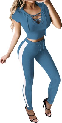 Viottiset Women Sportwear Sets Sexy Hoodie Crop Tops Pants 2 Piece Set  Outfit Leggings Tracksuit Loungewear Blue M - ShopStyle