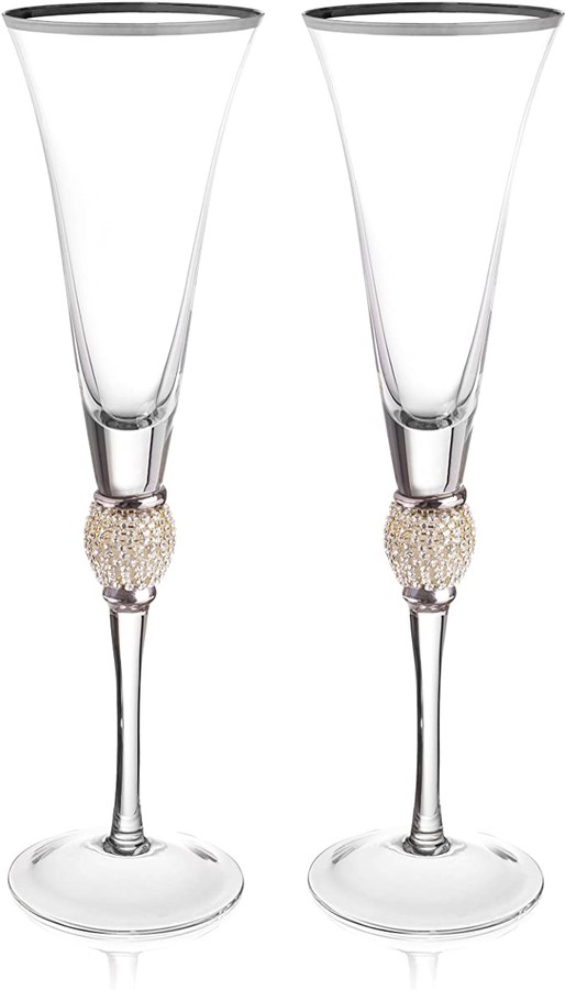 Trinkware Set of 2 Champagne Flutes - Rhinestone"DIAMOND" Studded Glasses With Silver Rim - Long Stem, 7oz, 11-inches Tall – Elegant Glassware And Stemware