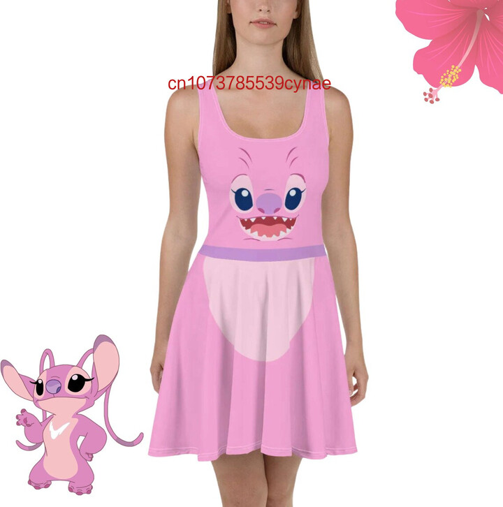 MINISO 2025 Womens Angel Stitch Dress Disney Cosplay Pink Girl Stitch Costume Run Disney Matching Skater Dresses