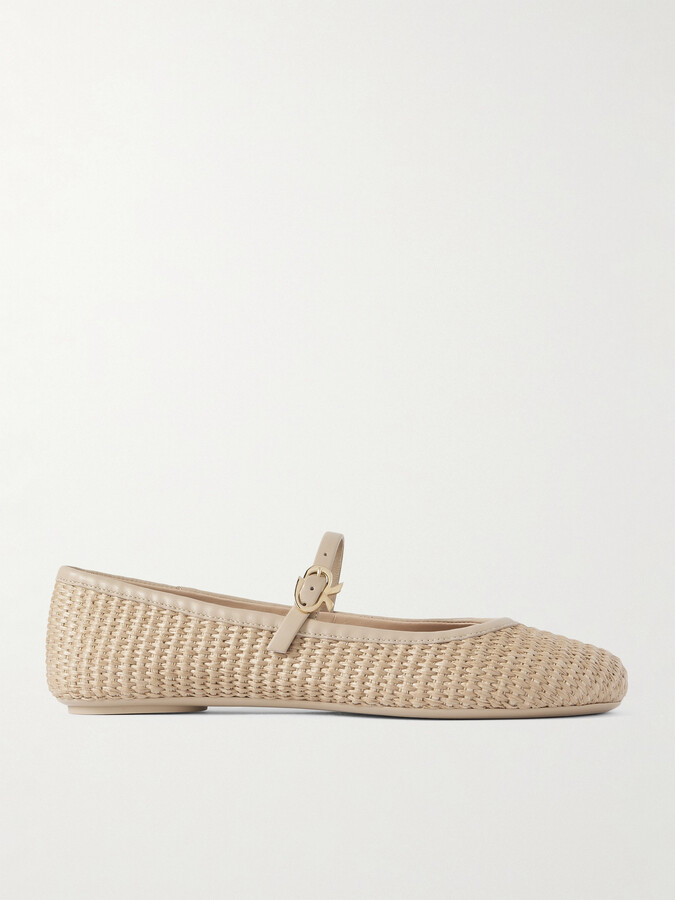 Gianvito Rossi Carla Leather-trimmed Raffia Mary Jane Ballet Flats - Neutrals
