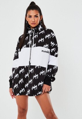 Missguided Playboy X Black Repeat Print Zip Through Oversized Sweater Dress