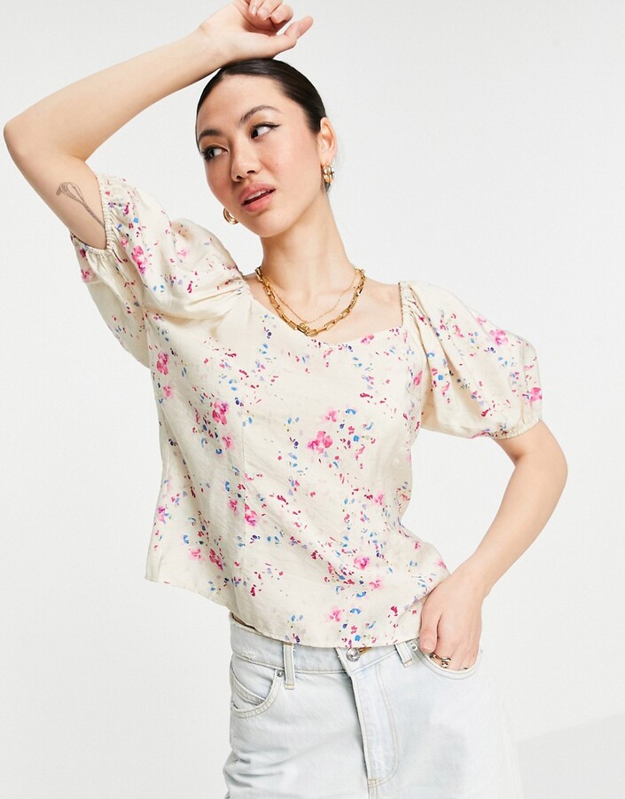 Vero Moda puff sleeve blouse with tie back in cream floral ShopStyle Tops