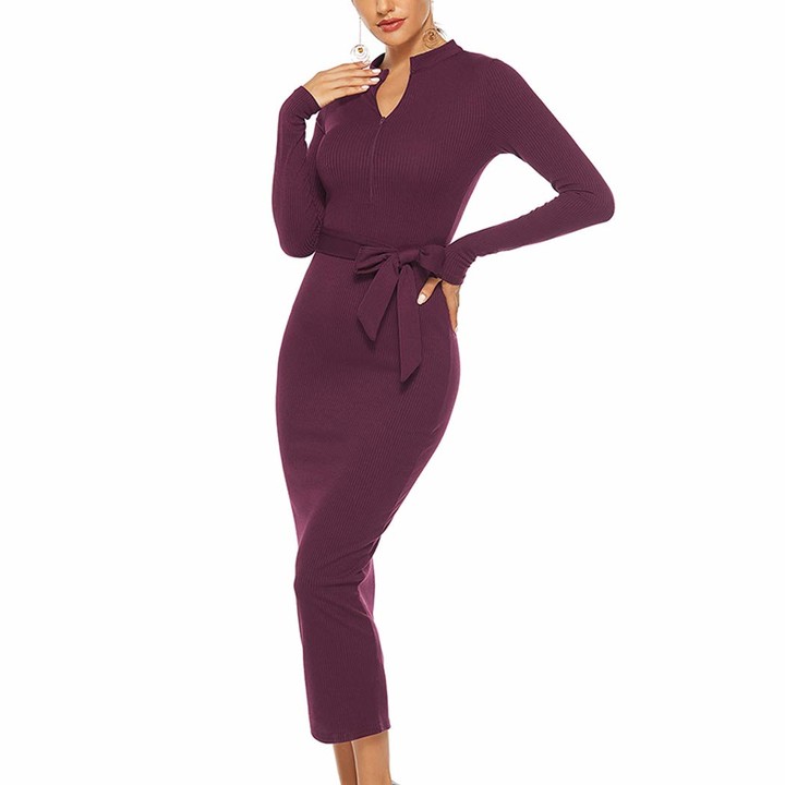 Finerun Womens Knitted Dress V Neck Bodycon Sweater Dress Belt Party Maxi Dress 