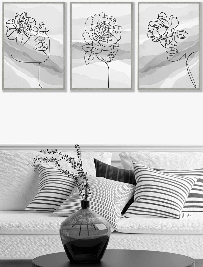 ARTZE Set of 3 Light Grey Framed Female Line Art Floral Faces on Grey