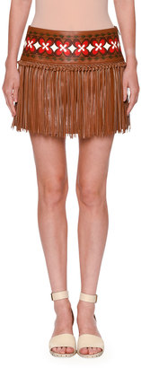 Valentino Knotted Fringe Leather Mini Skirt, Tan