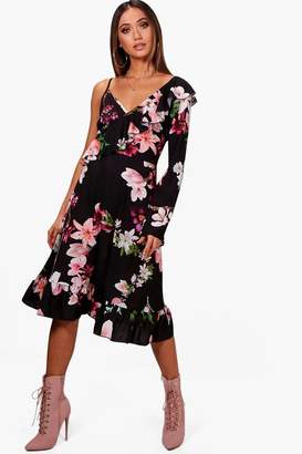 boohoo One Shoulder Floral Midi Tea Dress