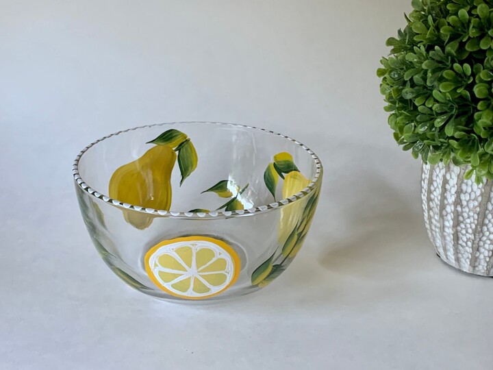 Painted Glass Lemons Bowl, Snack Dish, Candy Painted Yellow Nuts Salad Dip Housewarming Gift