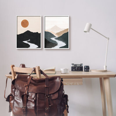 River Flowing into Distance Mountain Sun Landscape by JJ Design House LLC - 2 Piece Floater Frame Painting Set on Canvas