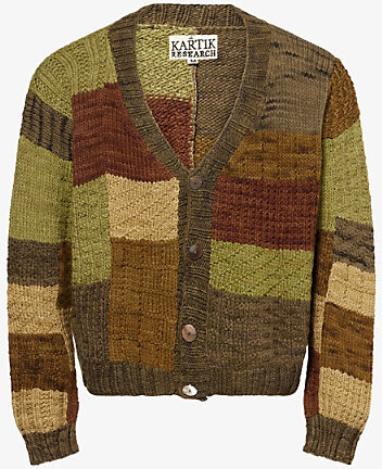 Kartik Research Mens Olive/Brown/Moss Patchwork Wool Knit Cardigan L
