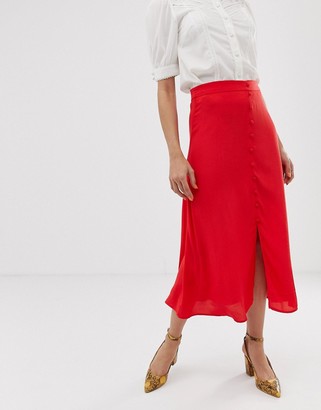 Pieces button through midi skirt in red
