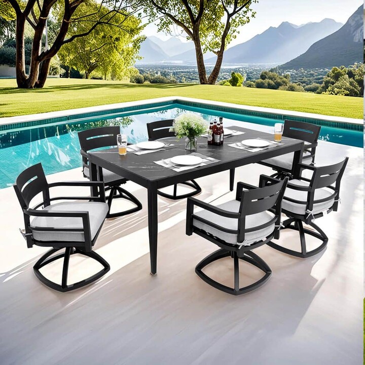 Daheat 35.5 in. x71 in. 7 Piece Aluminum Outdoor Dining Set, Table, Black Marble-Look Stone Top, 6 Swivel Rockers with Cushions