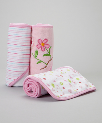 SpaSilk Pink Flower Terry Hooded Towel Set